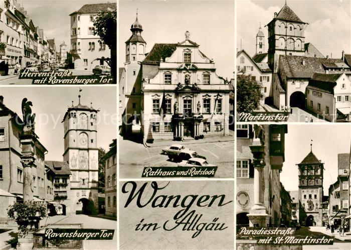 Wangen Allgaeu Herrenstrasse mit Ravensburger Tor Rathaus und Ratloch Martinstor