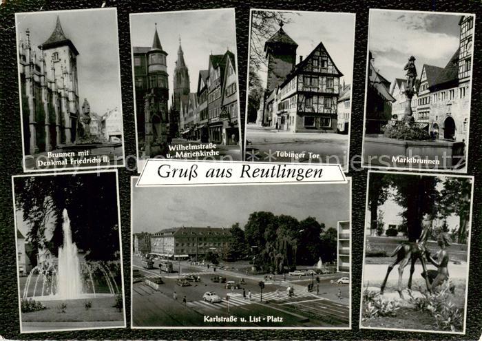 Reutlingen BW Brunnen mit Denkmal Friedrichs II Wilhelmstrasse Marienkirche Tueb