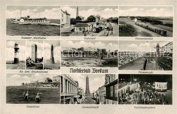 Borkum Nordseeheilbad Dampfer Westfalen Bahnhof Duenenexpress Die drei Leuchttue