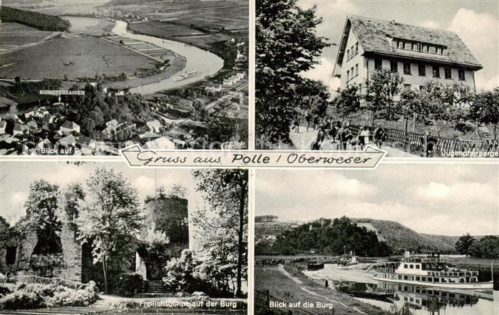 Polle Oberweser Panorama Jugendherberge Freilichtbuehne auf der Burg Weser Fahrg