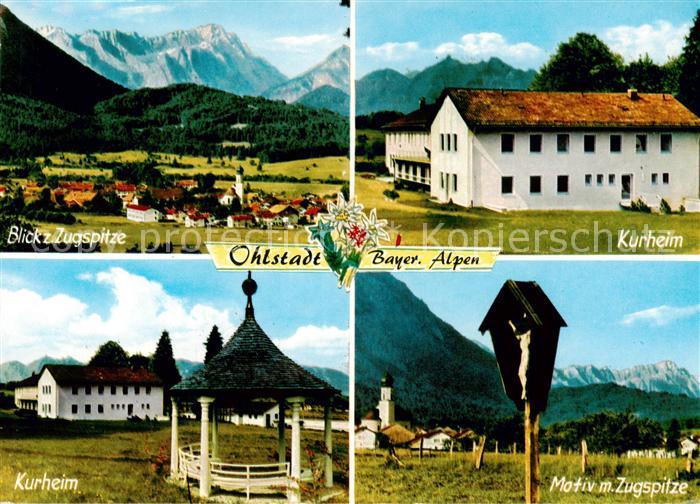 Ohlstadt Panorama mit Zugspitze Kurheim Pavillon Wegekreuz