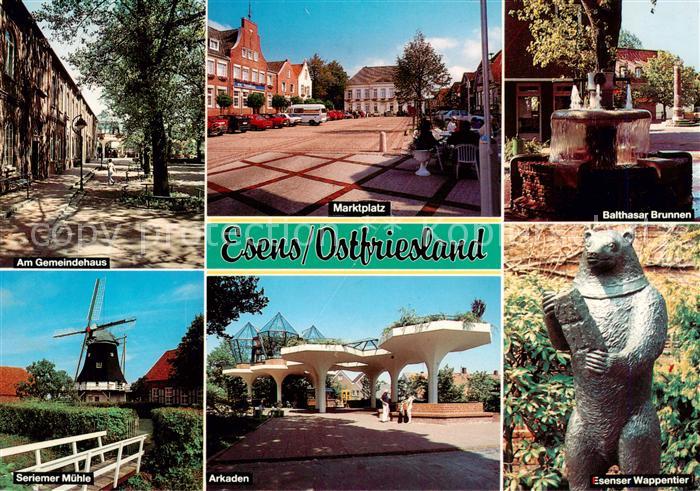 Esens Gemeindehaus Marktplatz Balthasar Brunnen Muehle Arkaden Esenser Wappentie