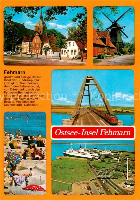 Insel Fehmarn Ortsmotiv mit Kirche Windmuehle Fehmarnsundbruecke Strand Hafen Lu