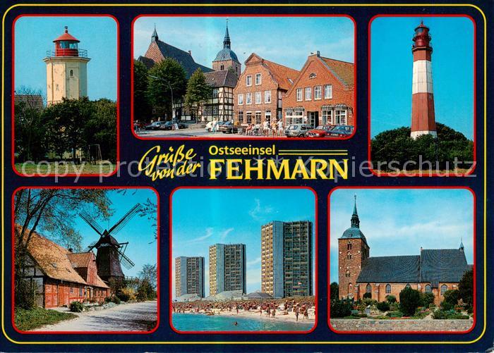 Insel Fehmarn Ortsmotive Leuchtturm Windmuehle Hochhaeuser Hotels Strand Kirche