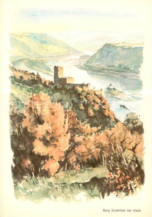 Kaub Caub Rhein Burg Gutenfels Aquarell