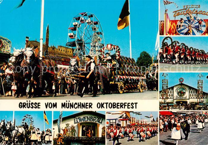 Muenchen Bayern Oktoberfest Bierkutschen Musik und Trachtengruppen  Fahrgeschaef