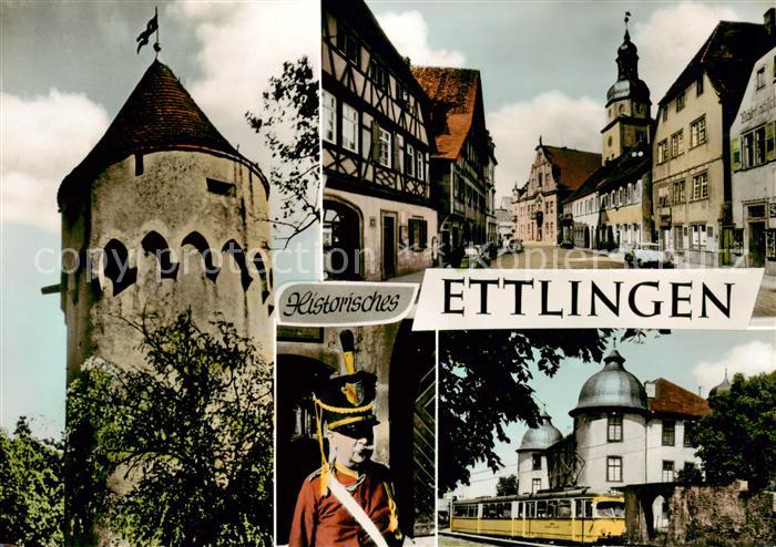 Ettlingen Lauerturm Kirchplatz mit Rathaus Hist Buergerwehrmann Schloss