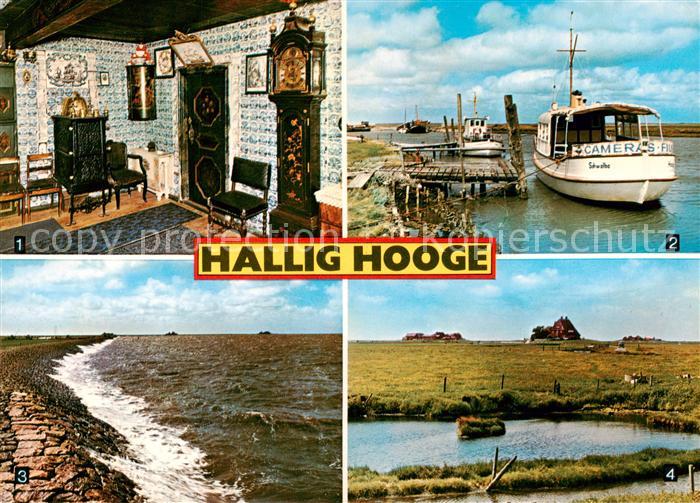 Hallig Hooge Koenigspesel Hafen mit Schleuse Deich mit Westerwarft Ipkenswarft u