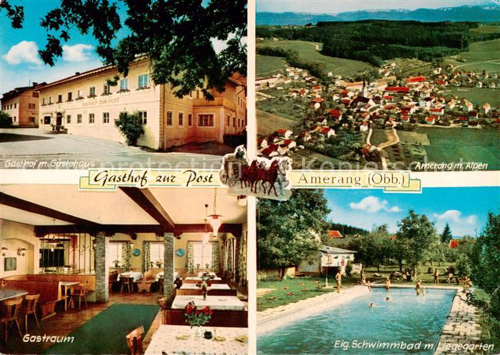 Amerang Gasthof zur Post mit Gaestehaus Fliegeraufnahme Gastraum Schwimmbad