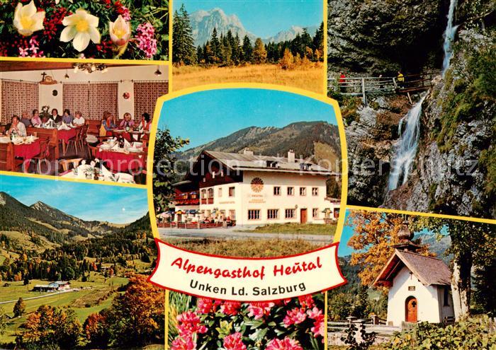 Unken Salzburg AT Alpengasthof Heutal Gastraum Wasserfall Kapelle Panorama