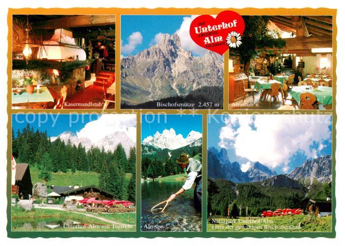 Filzmoos AT Unterhof Alm Berggasthof Blick gegen Torstein Almsee Bischofsmuetze