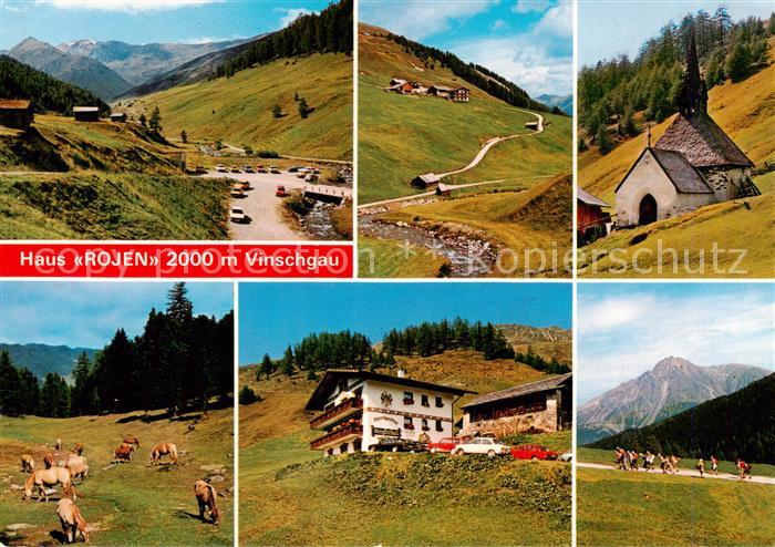 Rojental Reschen See Tirol Haus Rojen Panorama Kapelle Pferdeweide Wanderer
