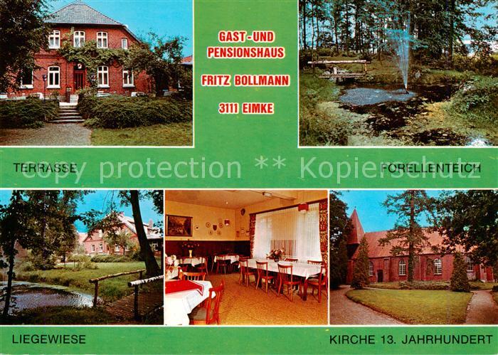 Eimke Gast und Pensionhaus Bollmann Terrasse Forellenteich Liegewiese Kirche