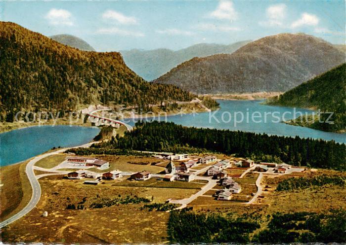 Sylvensteinsee 780m Lenggries mit Neu Fall und Faller Klammbruecke Fliegeraufnah