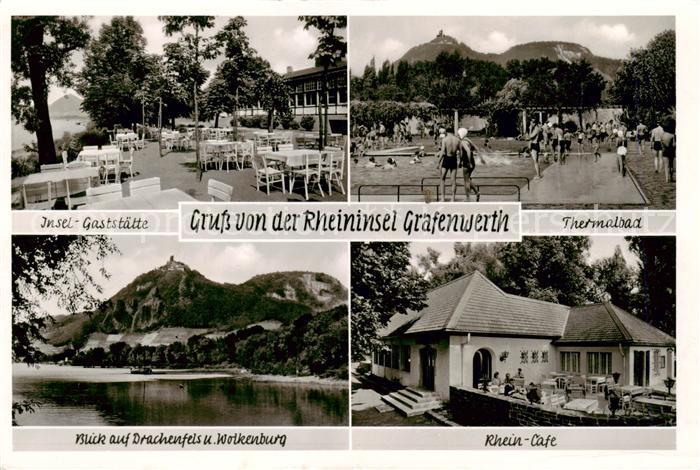 Grafenwerth Insel Gaststaette Thermalbad Blick auf Drachenfels und Wolkenburg Rh