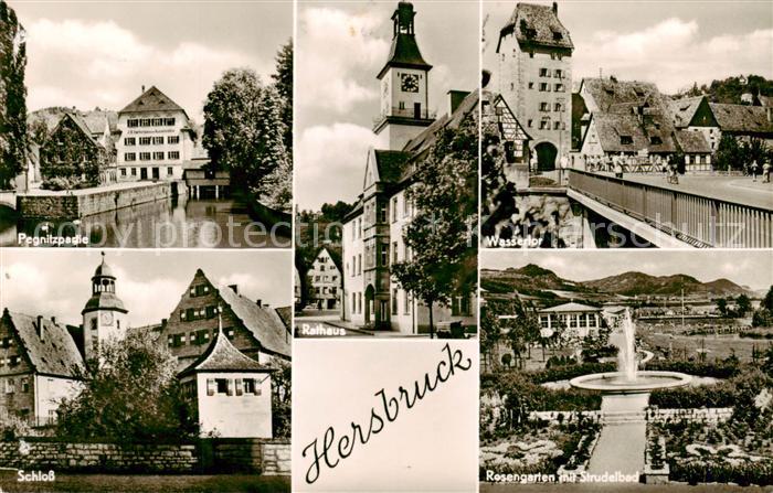 Hersbruck Bayern Pegnitzpartie Rathaus Schloss Wassertor Rosengarten mit Strudel