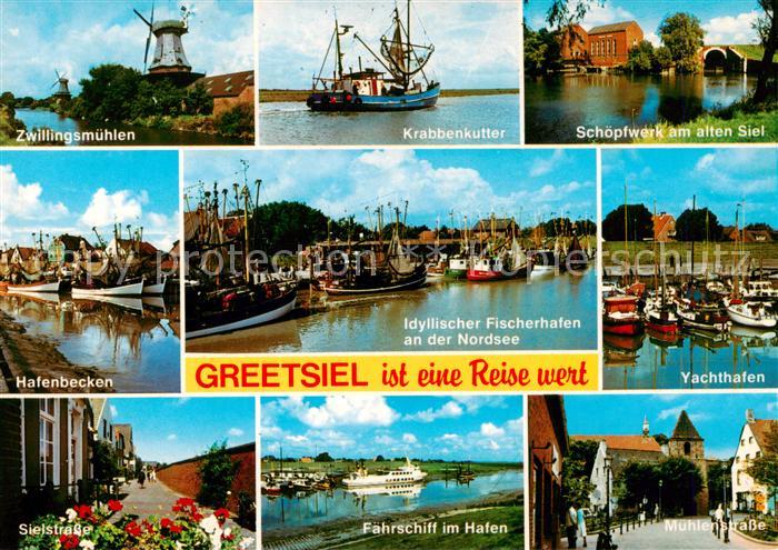 Greetsiel Zwillingsmuehlen Krabbenkutter Schoepferk Hafenbecken Fischerhafen Yac