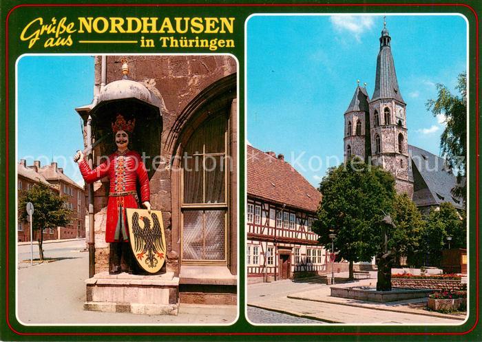 Nordhausen  Harz Rolandfigur am Rathaus Fachwerkhaus mit Blasiikirche
