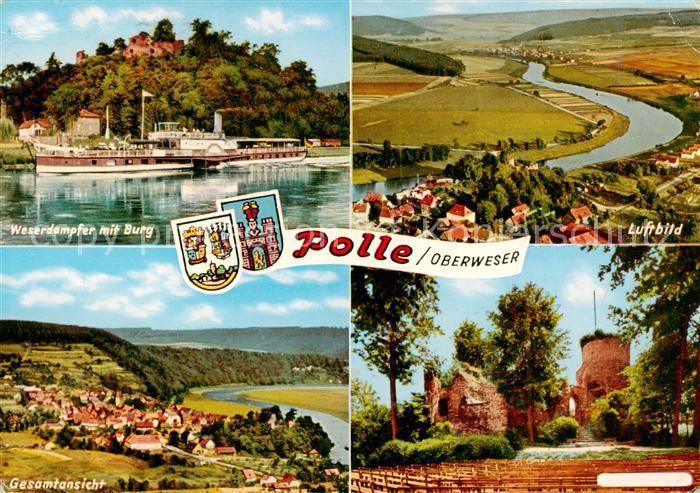 Polle Oberweser Weserdampfer mit Burg Fliegeraufnahme Panorama Burgruine