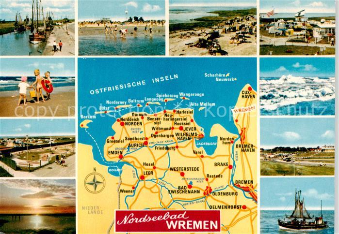 Wremen Wremener Strandhalle mit Strandturm Fischerhafen Panorama Strandpartien