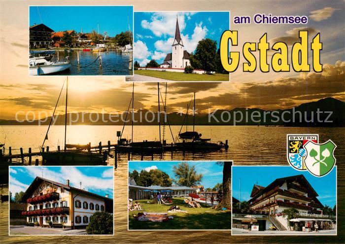 Gstadt Chiemsee Wassersport Bootshafen Kirche Hotels Liegewiese Abendstimmung am
