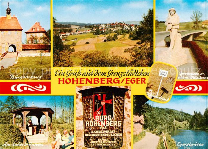 Hohenberg Eger Burg Eingang Panorama Egerbruecke Statue boehmischer Musikant Sau