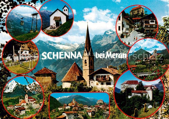 Schenna Meran Trentino IT Gondelbahn Kirche Schloss Panorama Georgenhof
