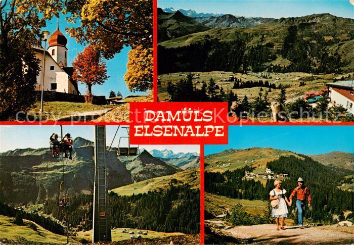Damuels Vorarlberg AT Kirche Panorama Sessellift Bergwanderer