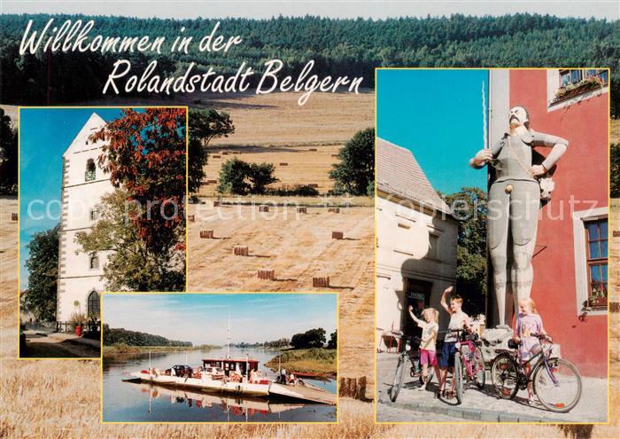 Belgern Elbe Bartholomaeuskirche Elbe mit Gierseilfaehre Roland Heidelandschaft