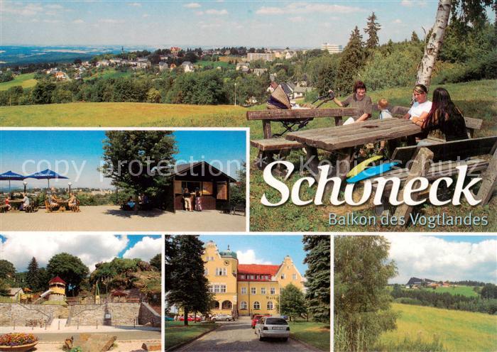 Schoeneck Vogtland Panorama Blockhuette Vogtland Blick Spielplatz am Alten Soell