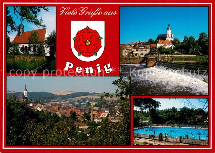 Penig Santk Aegidien Kirche Muldenwehr mit Stadtkirche Panorama Schwimmbad