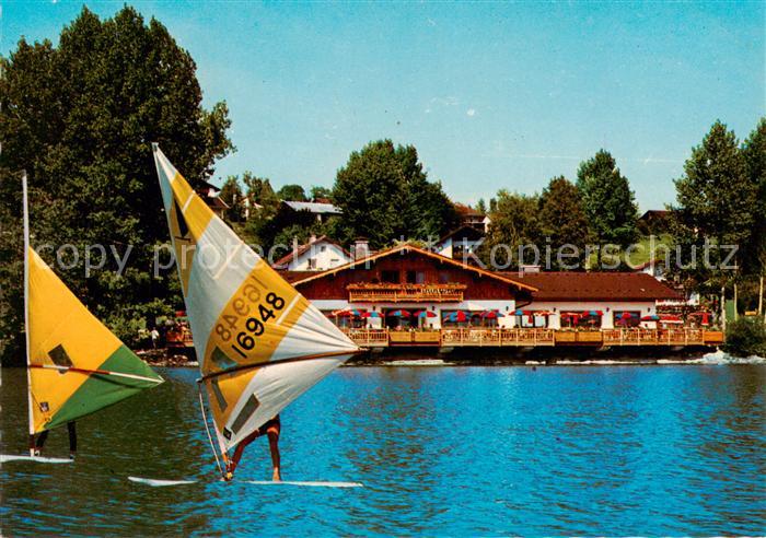 Hopfen See Restaurant Fischerhuette Ansicht vom See aus Windsurfen