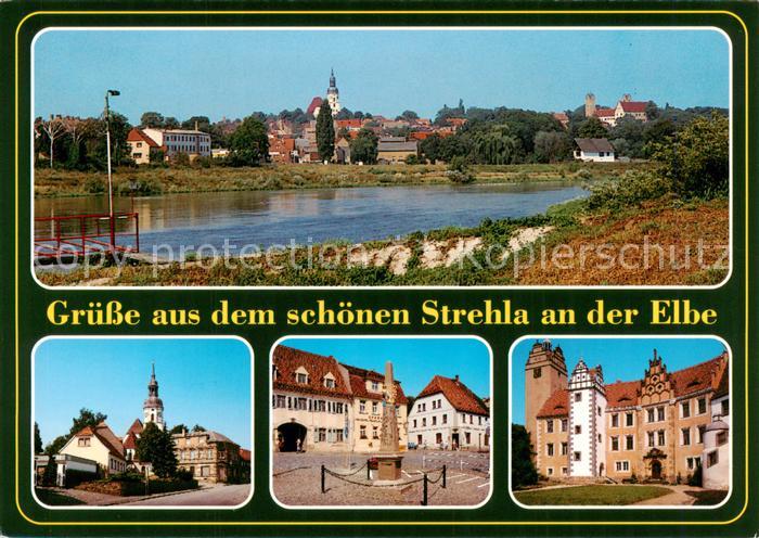 Strehla Blick ueber die Elbe zur Stadt Zentrum Gedenkstein Schloss