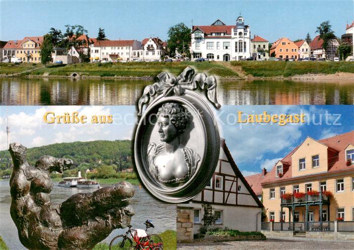 Laubegast Blick ueber die Elbe zum Ort Caroline Neuber Denkmal