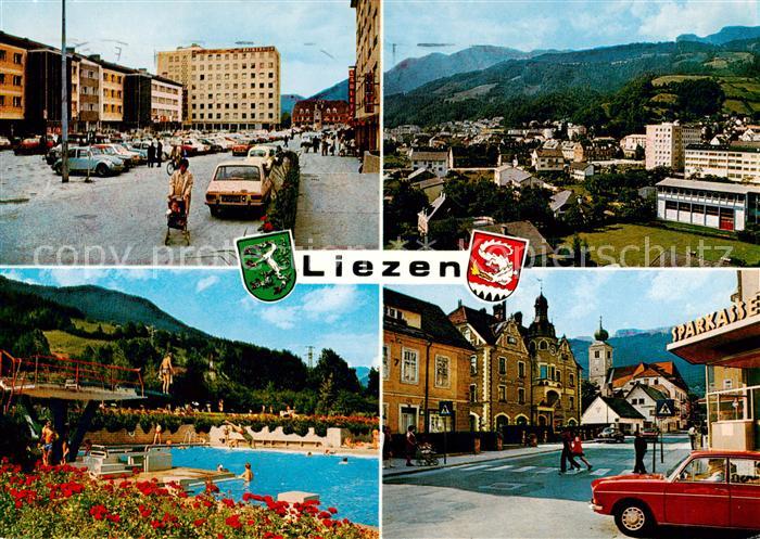 Liezen Steiermark AT Stadtplatz Panorama Schwimmbad Sparkasse