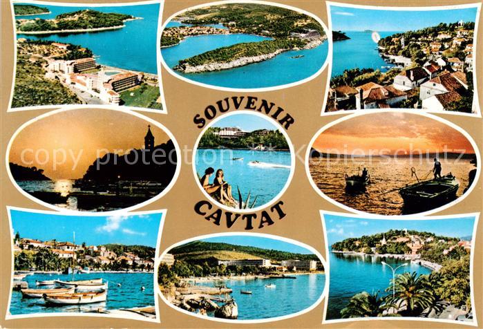 Cavtat Croatia Panorama Kuestenort Hafen Fischerboot Sonnenuntergang