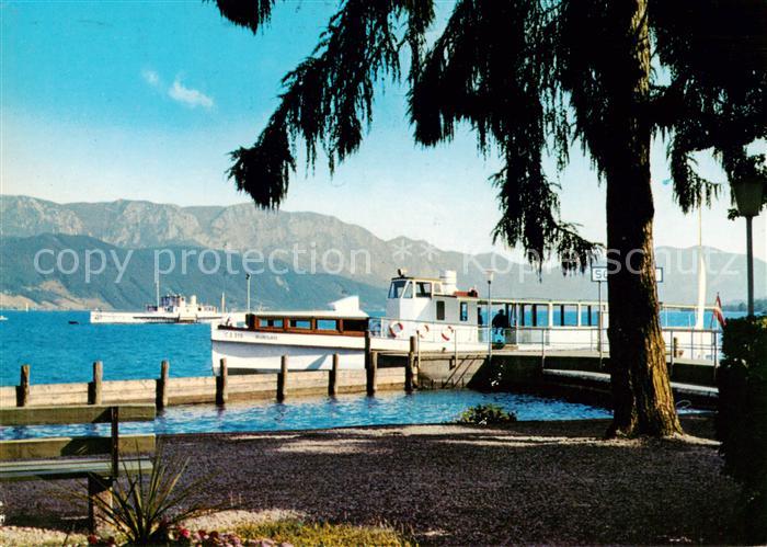 Attersee Dampfer Unterach und Motorboot Burgau mit Hoellengebirge