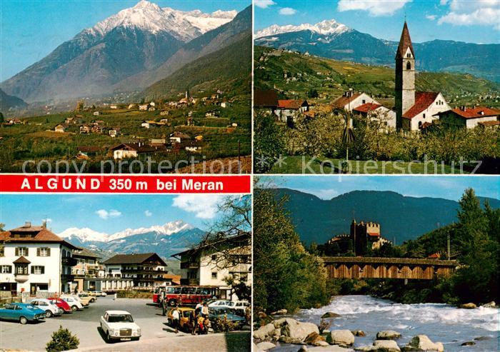 Algund Merano Suedtirol IT Panorama Motiv mit Kirche Zentrum Holzbruecke Schloss