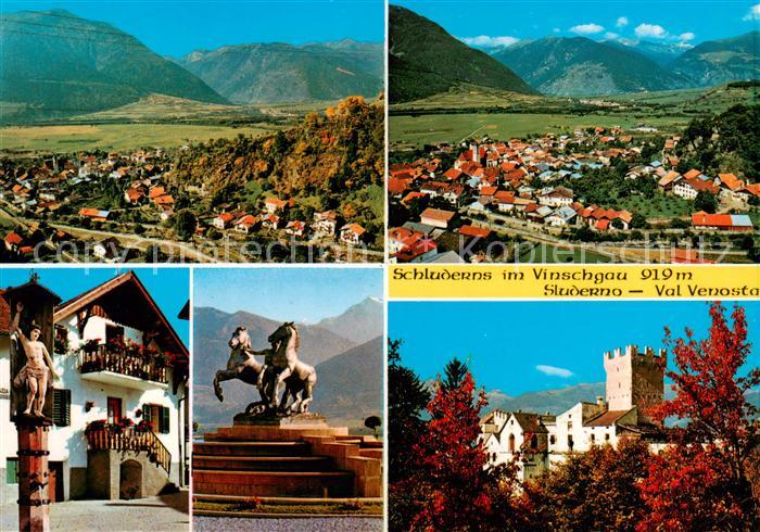 Schluderns Suedtirol Panorama Pferdestatue Schloss Alpenpanorama