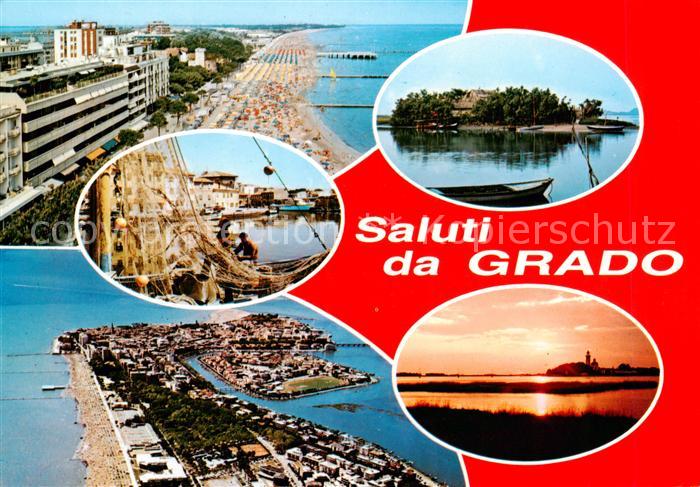 Grado Gorizia IT Teilansichten Fischerhafen Insel Fliegeraufnahme