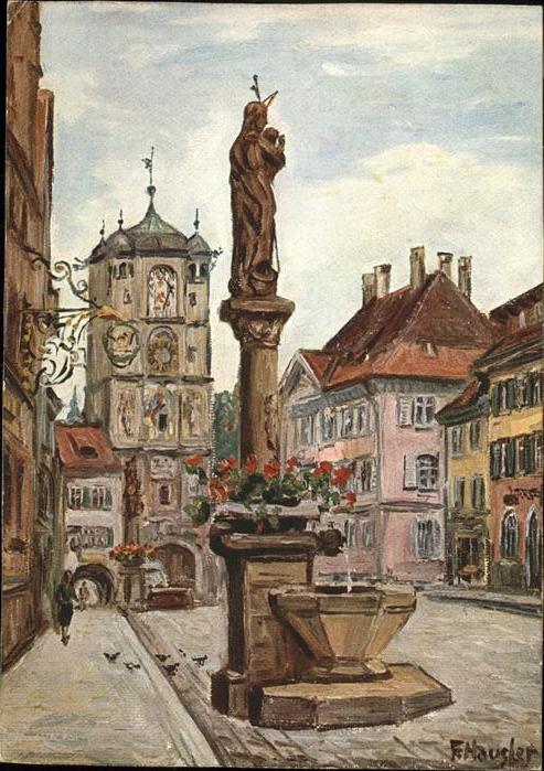 Wangen Allgaeu Marktplatz mit Dorfbrunnen und Stadttor