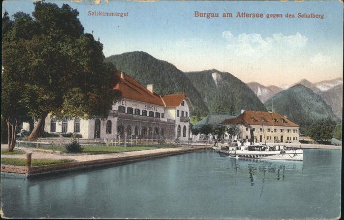 Burgau Attersee Salzkammergut Teilansicht Boot Schafberg