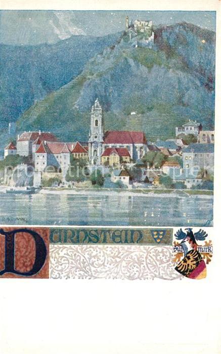 Duernstein Wachau Blick ueber die Donau Kirche Schloss Wappen Kuenstlerkarte Ver