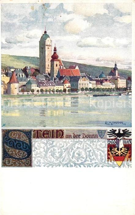 Stein Donau Ansicht vom Fluss aus Wappen Kuenstlerkarte Verlag des Vereins Suedm
