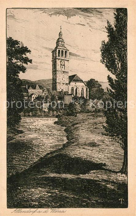 Allendorf Werra Partie am Fluss Kirche Tiefdruck Radierung Kuenstlerkarte Serie