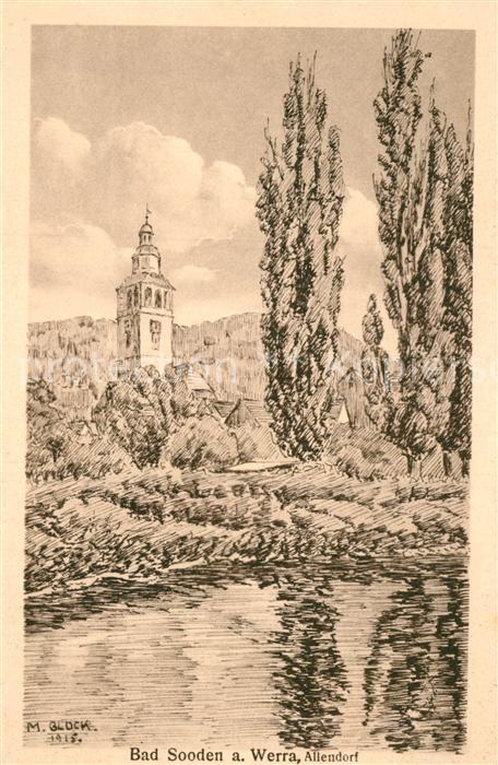 Allendorf Werra Partie am Fluss Blick zur Kirche Kuenstlerkarte M. Glock