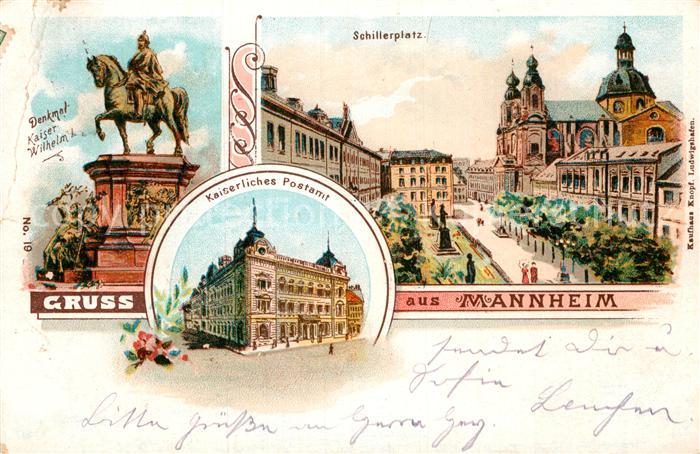 MANNHEIM BW Kaiser Wilhelm Denkmal Kaiserliches Postamt Schillerplatz Litho