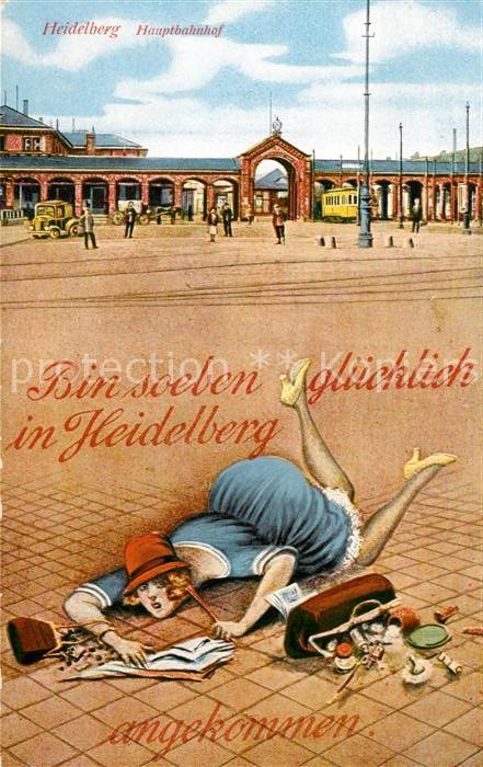 Heidelberg Neckar Hauptbahnhof Ankunft Karikatur Kuenstlerkarte