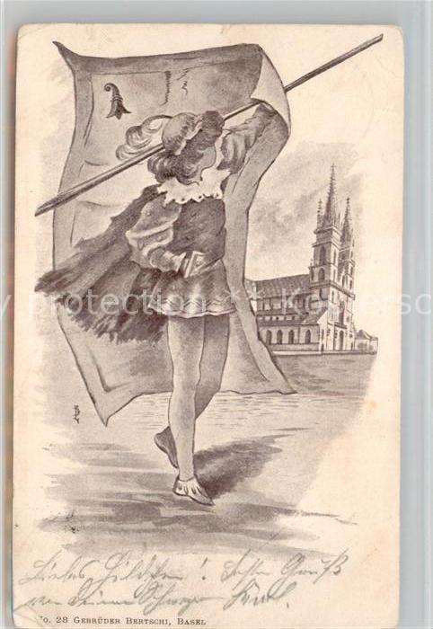 Basel BS Maedchen mit Fahne Kirche Kuenstlerkarte