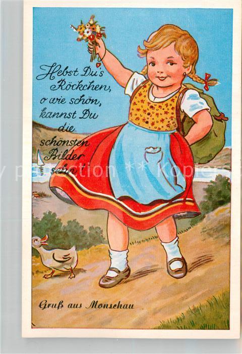 Monschau Montjoie NRW Maedchen mit Rucksack Blumenstrauss Ente